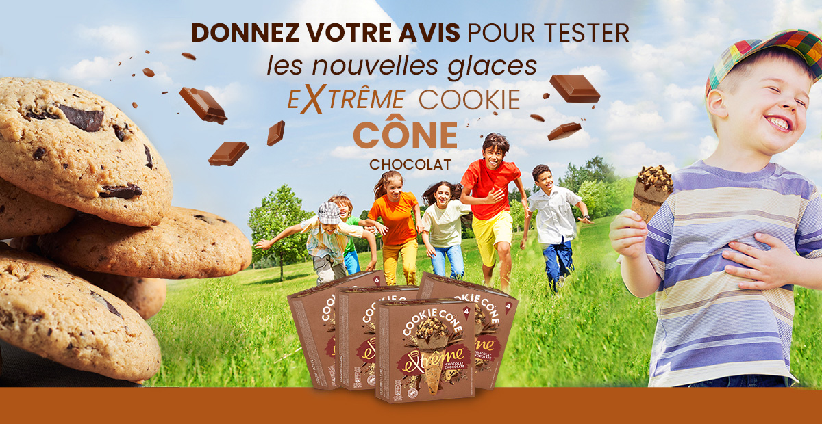 Donnez Votre avis pour tester les nouvelles glaces Extrême Cookie Cônes Chocolat. 